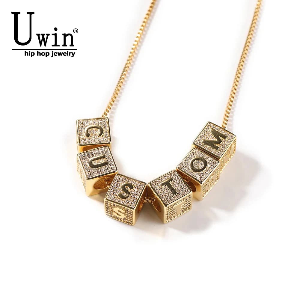 Uwin DIY Block Initial Letter Number Pendant Custom Cube Name Box Chain Choker Fashion Charm Hip Hop Jewelry Gifts
