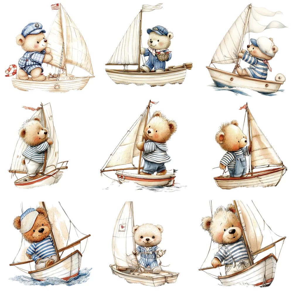 15cm Kids Creative Sailboat Bear Iron On Heat Transfer Sticker Diy T-shirt DTF Iron On Transfer Patches For Children Clothes