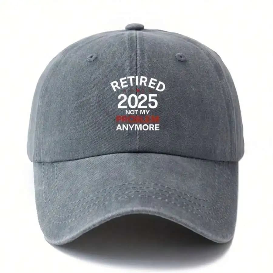 Cappellino da Baseball Unisex 'Retired 2025 Not My Problem Anymore' in Poliestere Lavato con Visiera Piatta per Viaggi e Campeggio