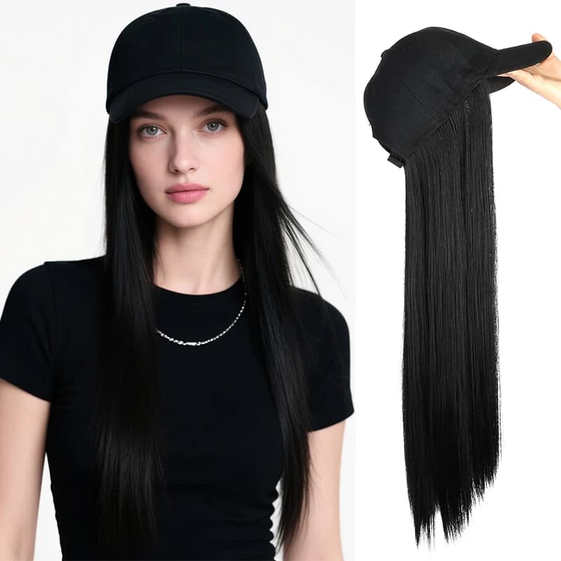 Parrucca sintetica per cappello con capelli lunghi lisci Berretto da baseball Estensione dei capelli Stile regolabile Comodo design all-in-one per le donne