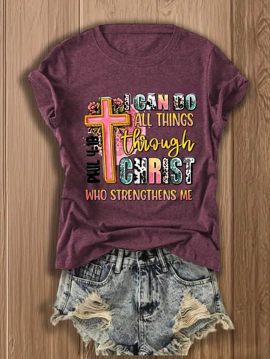 Womens Graphic Tee With Cross Slogan Print Cotton Blend Short Sleeve Loose Fit T-Shirt