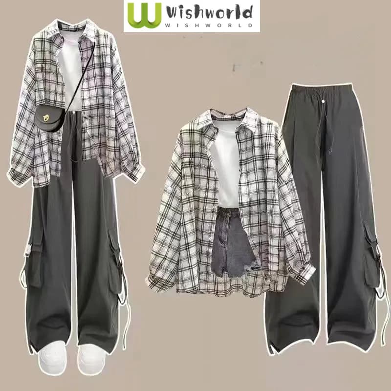 Spring and Autumn Women's Loose Long Sleeve Checkered Sunscreen Shirt+Short Sleeve T-shirt+Work Pants 3-Piece Set