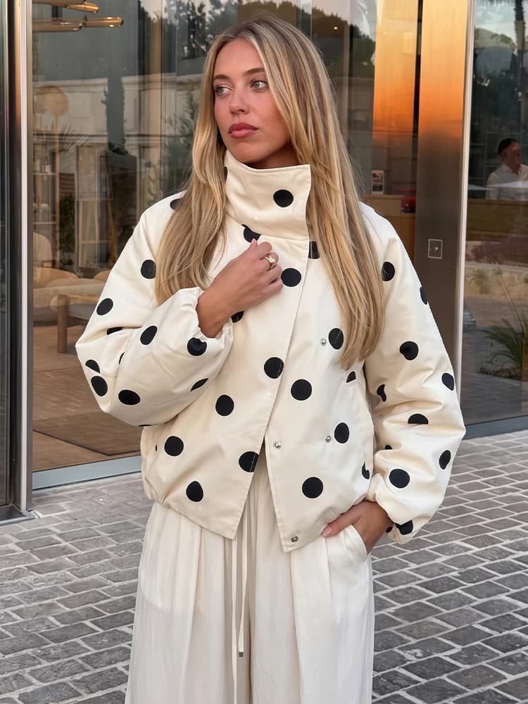 HH Women Casual Polka Dot Jacket Turtleneck Hidden Placket Long Sleeve Loose Coat With Pocket 2026 Autumn Party Festival Outwear