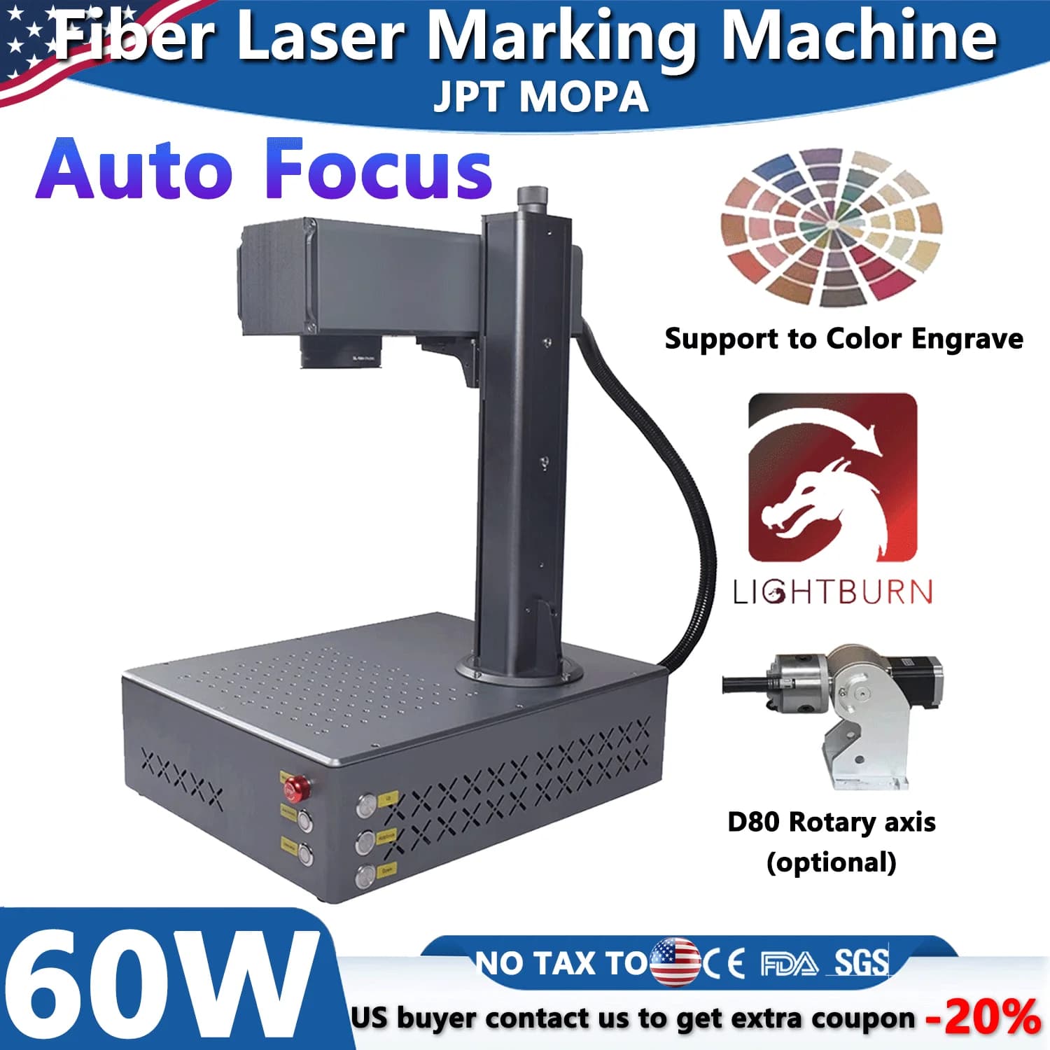 Macchina per Marcatura Laser a Fibra JPT MOPA 60W con Autofocus per Incisione su Metallo, Macchina da Tavolo per Incisione su Metallo con Lente 200*200MM