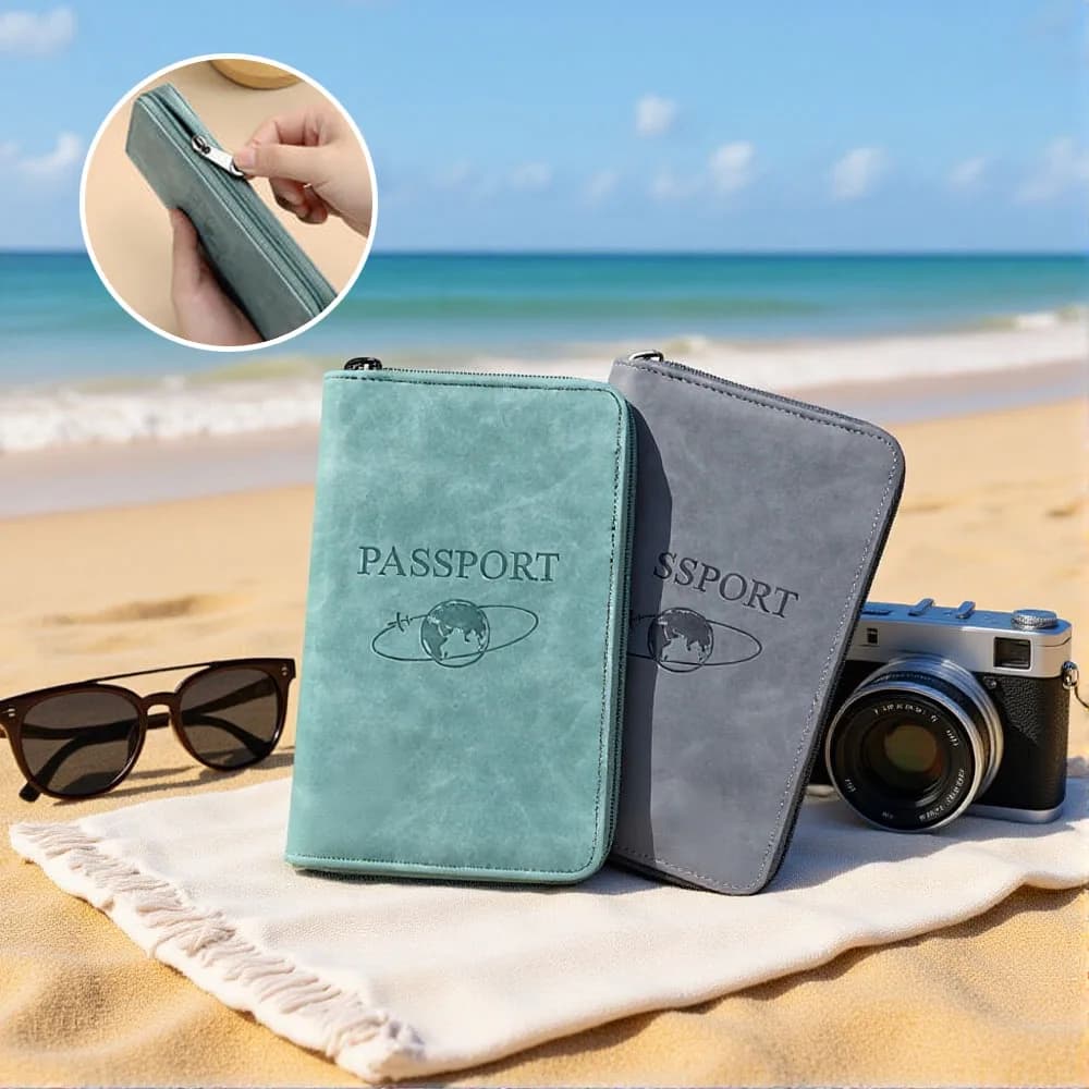 Porta passaporto con blocco RFID Portafoglio in pelle PU Copertina per passaporto Accessorio da viaggio con morsetto per biglietti con cerniera multifunzione portatile