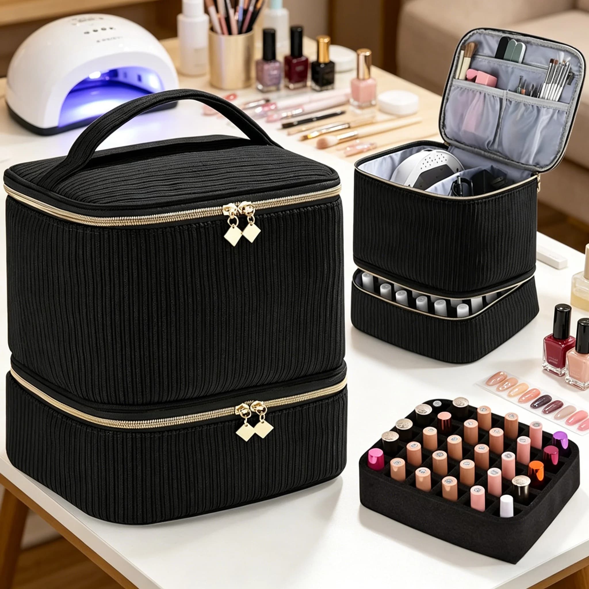 Organizer per Smalti, Porta Smalti Portatile a Doppio Strato con 30 Scomparti e Divisori Regolabili per Lampada Manicure