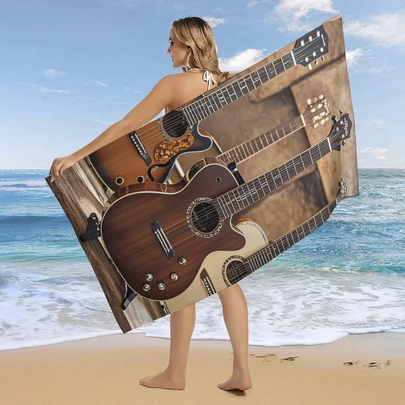 Telo Mare Vintage con Stampa Chitarra e Musica, Asciugatura Rapida, in Microfibra Anti-Sabbia per Viaggi, Piscina, Palestra, Campeggio, Regali per Musicisti