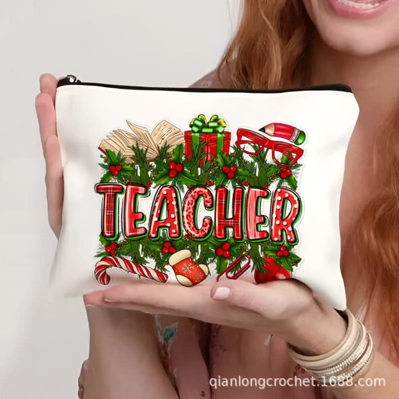 Christmas Teacher Theme Print Cosmetic Bag Zipper Pouch Portable Travel Makeup Storage Organizer Appreciation Gift for Women