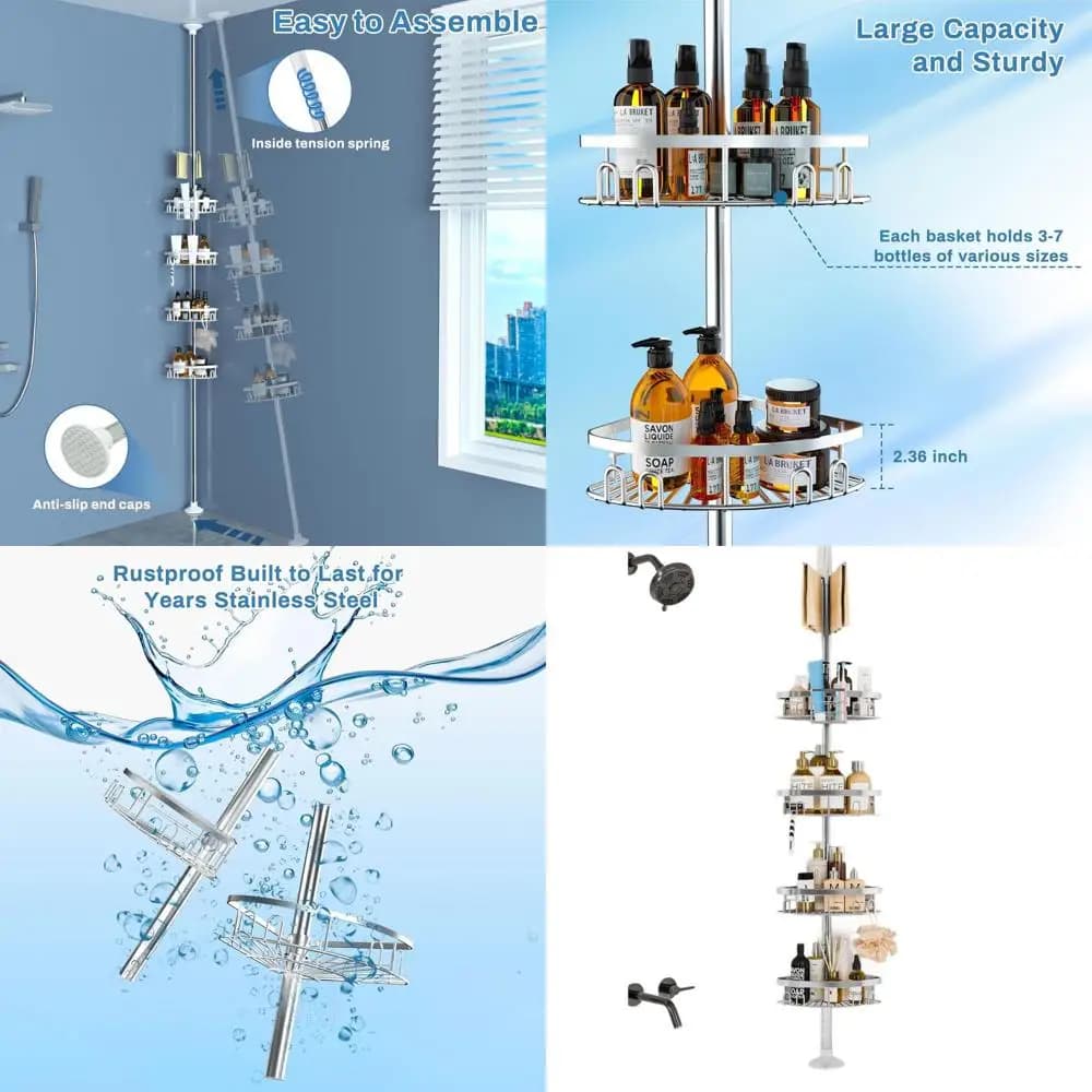 Portaoggetti angolare per doccia da bagno con 4 cestelli, organizer per asta di tensione, regolabile 23,6-114,5 pollici, portasciugamani (Argento)