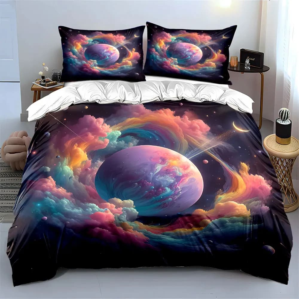 Set di biancheria da letto con 3 pezzi a tema pianeti cosmici pastello, copripiumino con stampa di nebulosa arcobaleno + 2 federe, decorazioni fantasy