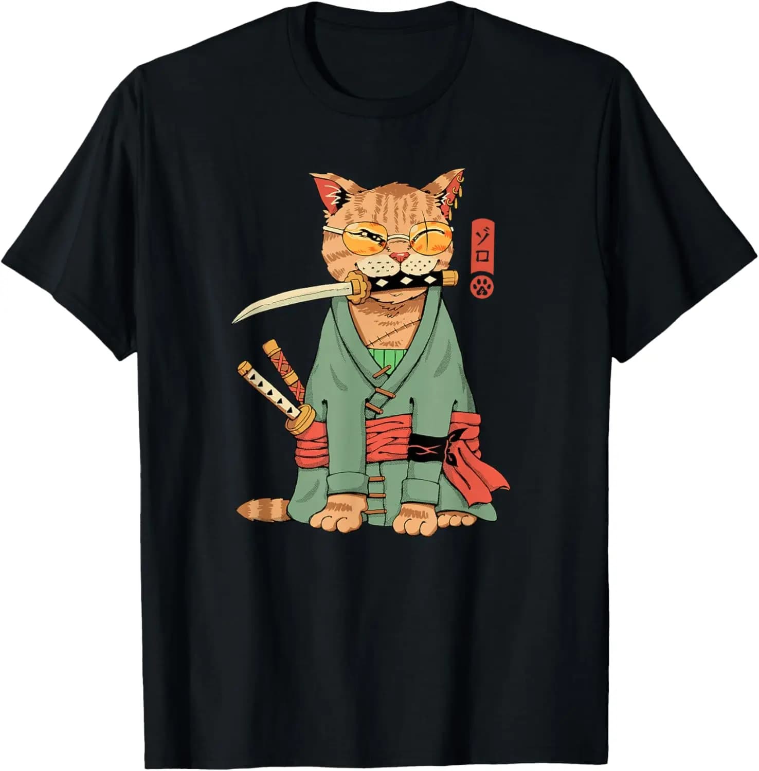 Zoro Cat Warrior T-Shirt Summer short-sleeved breathable sweat-wicking versatile fashion T-shirt for back-to-school season, unisex, Cartoon Anime Comfortable