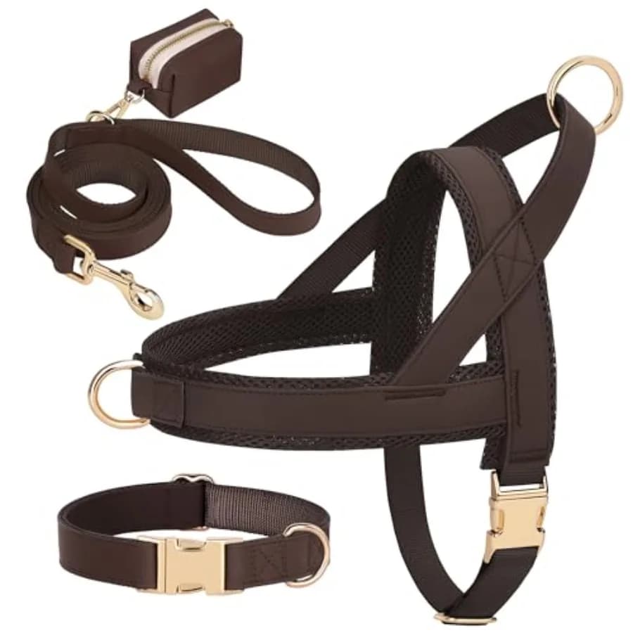 Set di Collari, Pettorine e Guinzagli per Cani in Morbida Pelle PU con Porta Sacchetti Igienici, Elegante e Regolabile, Pettorina e Guinzaglio Anti-Trazione