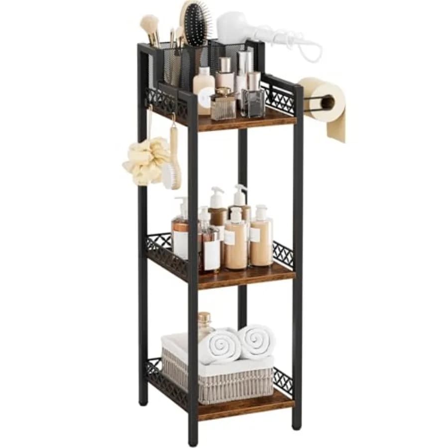 Bathroom Storage and Organizer Shelf Hair Dryer Holder, 9.85in 3-Tier Narrow Metal Standing Rack with Toilet Paper Holder, Corn