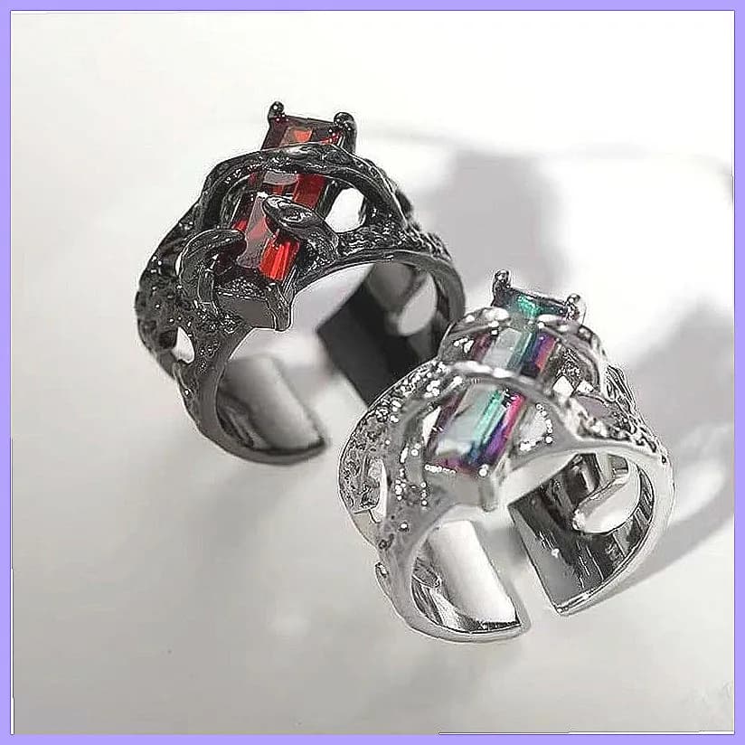 Anello Aperto Regolabile con Gemma Rossa a Forma di Spina in Stile Gotico e Cool, con Texture Cava e Effetto Lava Liquida