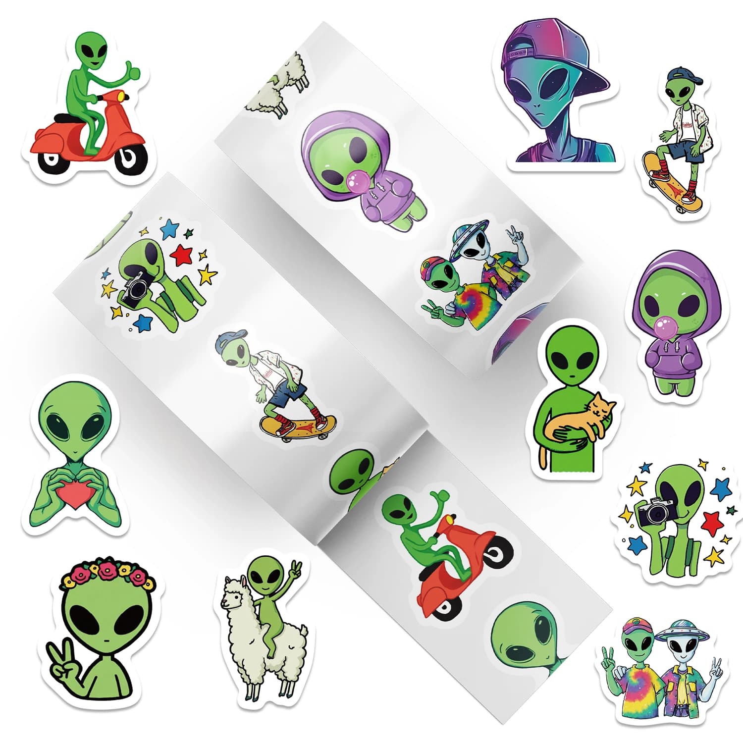 500 adesivi a forma di alieno dei cartoni animati per scrapbooking, telefono, bagagli, laptop, casco, adesivi impermeabili, adesivi divertenti e cool