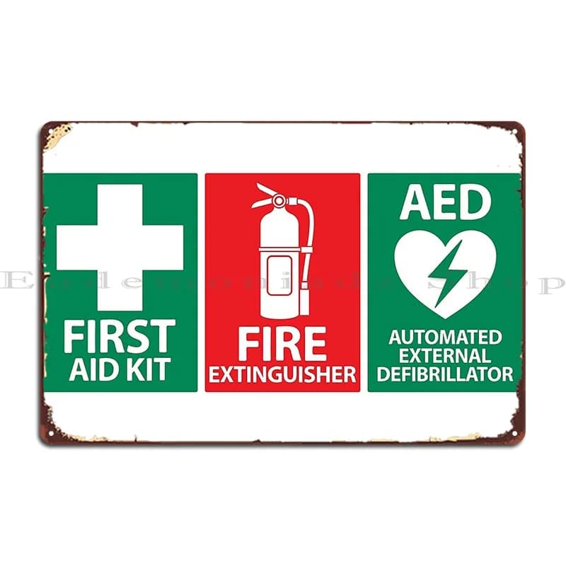 Estintore e Kit di pronto soccorso defibrillatore Aed Metal platform Club murale decorazione murale personalizzata Tin Sign Poster