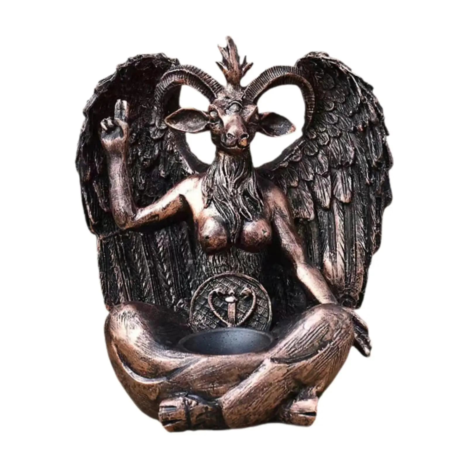 Baphomet on pedestal statue, goat statue, occult Gothic decoration, devil Baphomet sitting meditation laying Baphomet candlestick