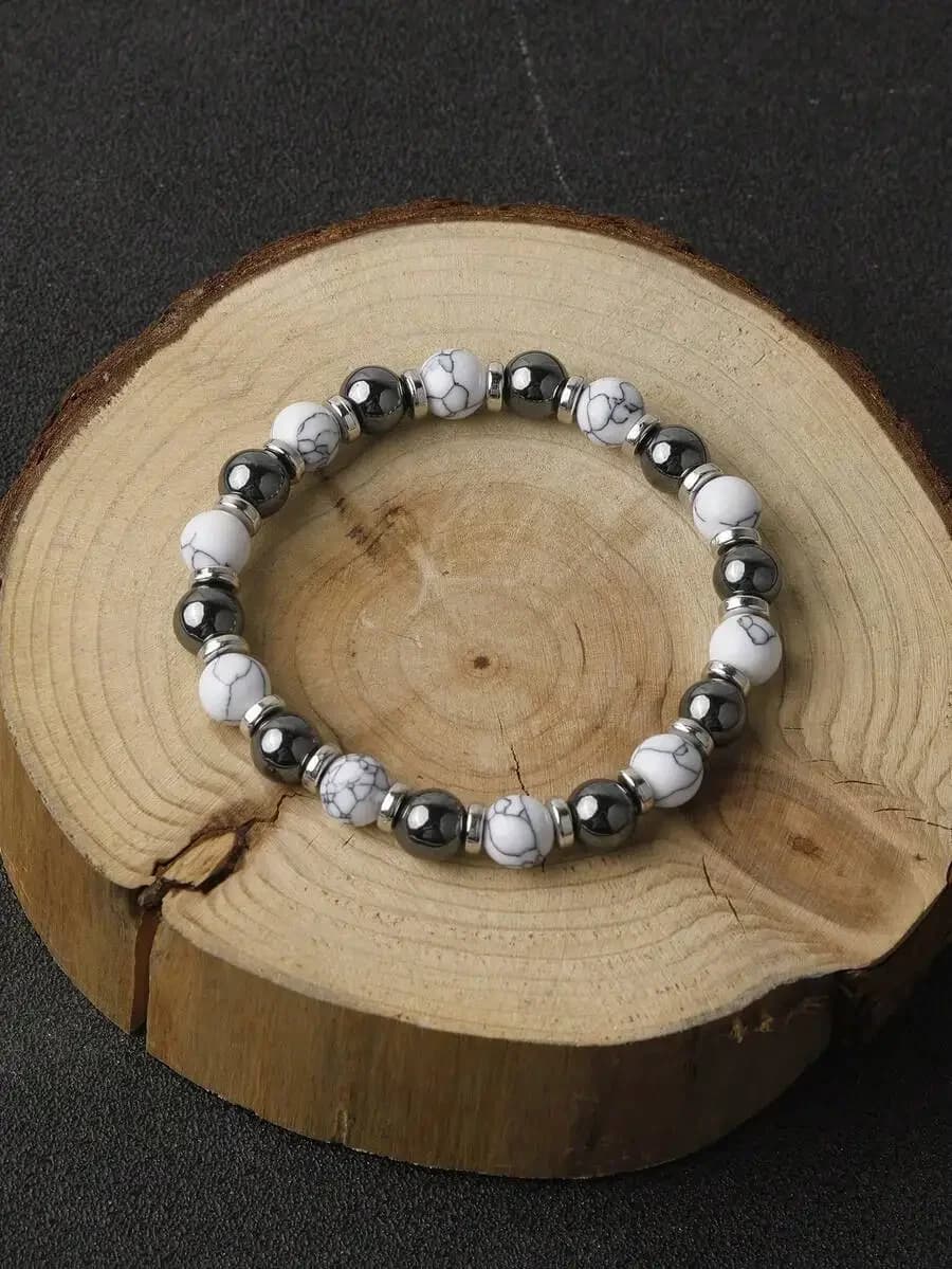 YAUKIA 8mm White Turquoise Hematite Energy Protection Bracelet Healing Meditation New Beginnings Good Luck Bracelets For Men Wom