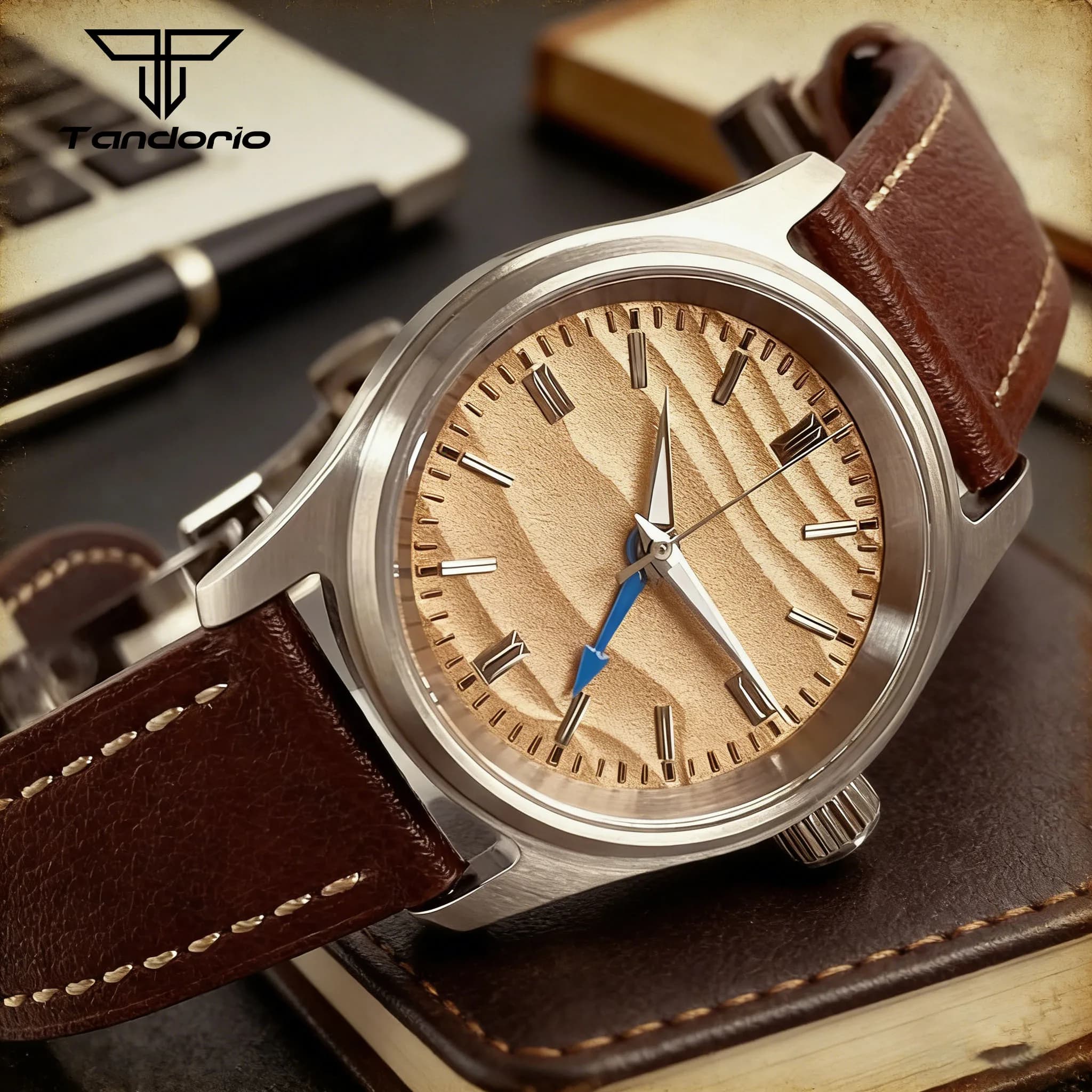 Orologio da uomo 36mm Small Pilot con quadrante sabbia, movimento NH34A GMT, vetro zaffiro, impermeabile fino a 200m, meccanico automatico, cinturino in pelle Tandorio