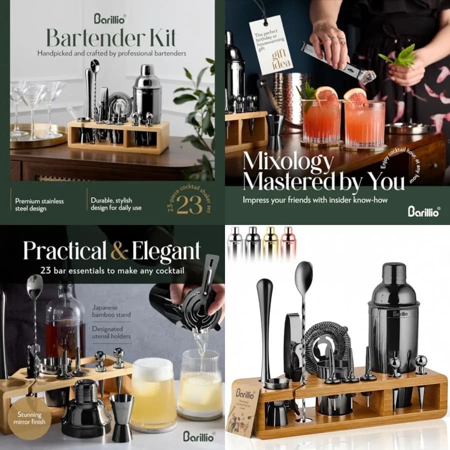 Set da Barman in Acciaio Inox con Shaker per Cocktail e Supporto, Strumenti da Bar per Mixology con Shaker, Cucchiaio Miscelatore e Muddler per Cocktail