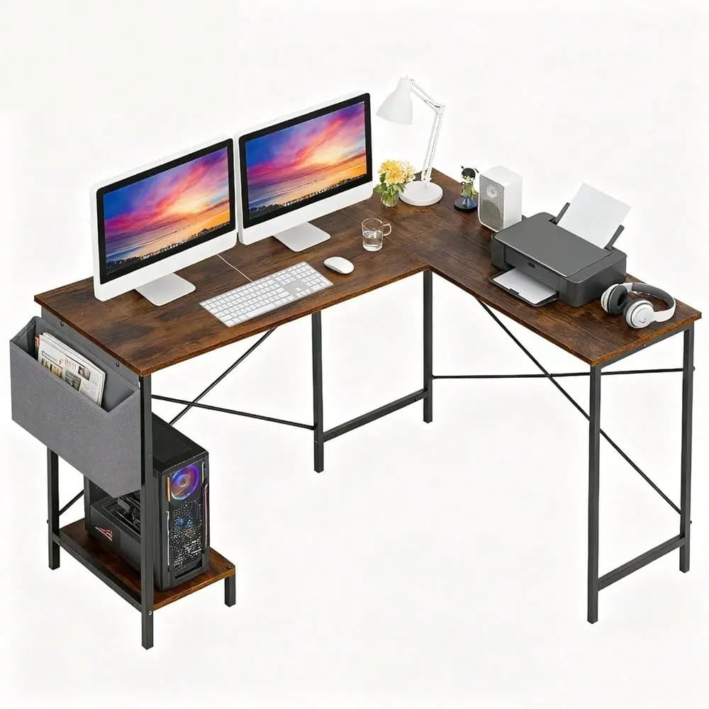 Scrivania per computer a forma di L, scrivania da gaming con struttura in metallo resistente, scrivania angolare con borsa portaoggetti laterale e supporto per CPU per casa e ufficio