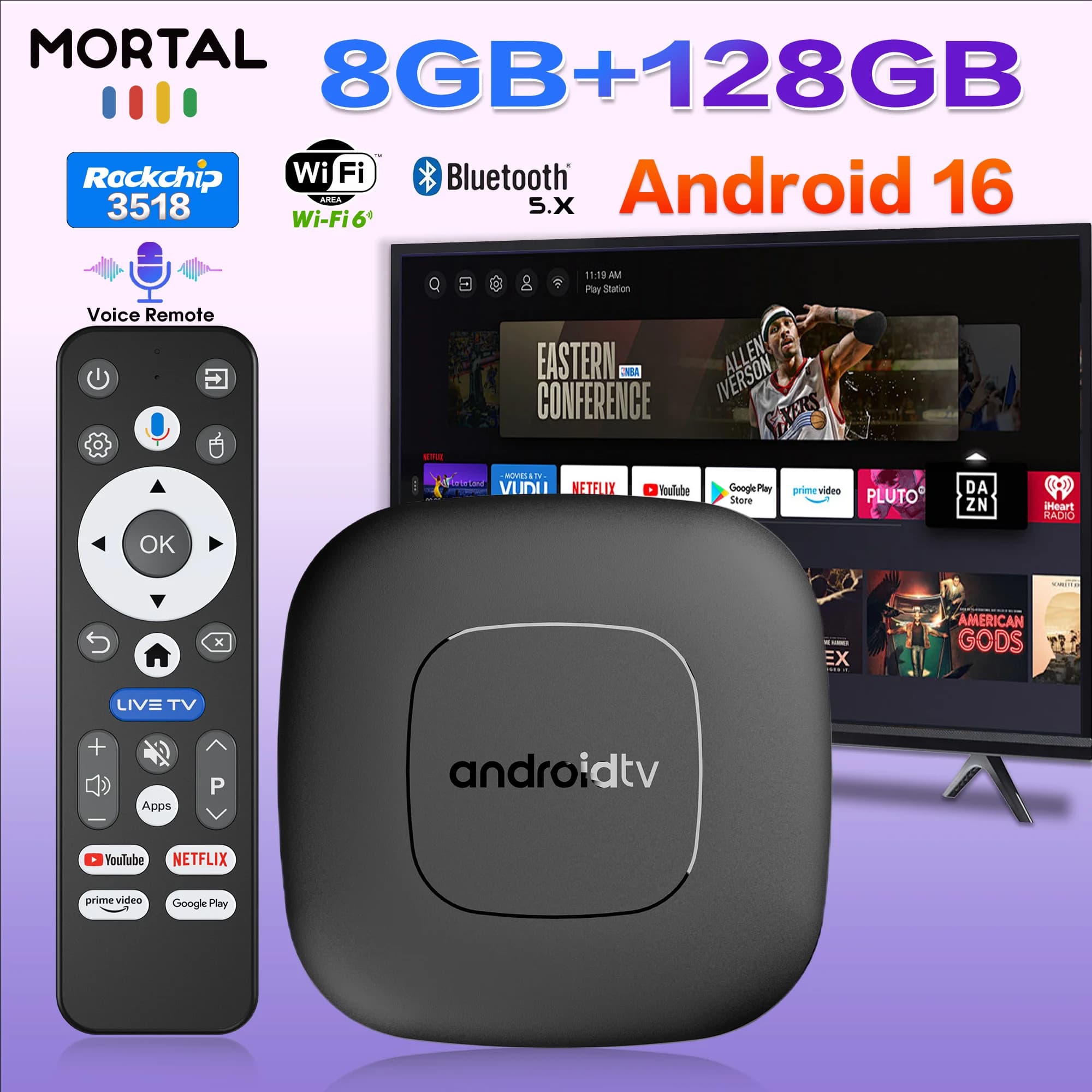 NEW 2026 Mortal T1 Android 16 Smart TV Box for Home Theater, BT5.4+2.3, Google Assistant, RK3518, 8GB RAM, 128GB ROM, Wifi 6, Multimedia Reader