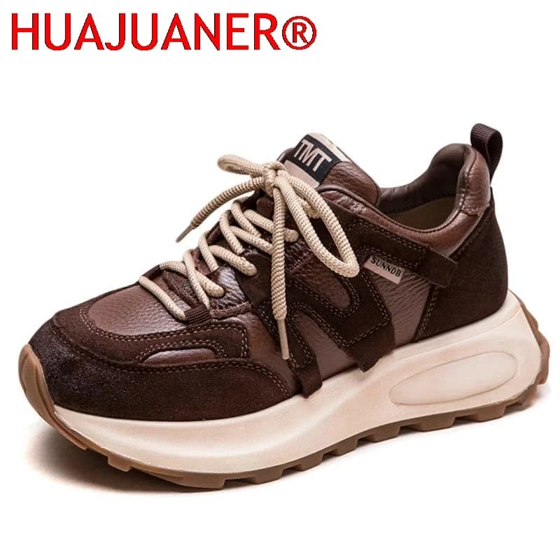 Scarpe Comode da Donna in Vera Pelle Scamosciata di Vacchetta da 3,5 cm, Mocassini con Zeppa e Plateau, Sneakers Chunky Vulcanizzate per Primavera e Autunno