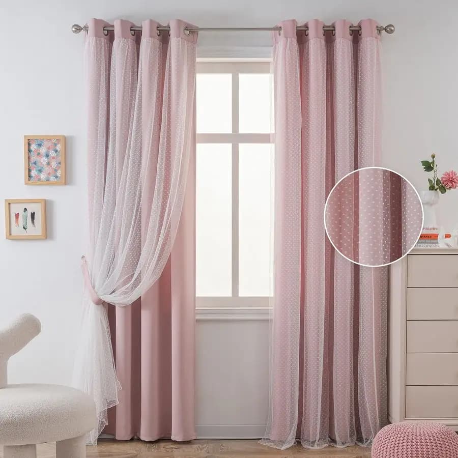 Pink Curtains for Kids Room, Double Sided with Transparent Pois, with Eyelets