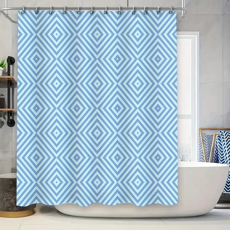 Tenda da doccia geometrica bianca blu per la decorazione del bagno Tessuto in poliestere impermeabile con anelli a gancio (dimensioni: 69x70 pollici)