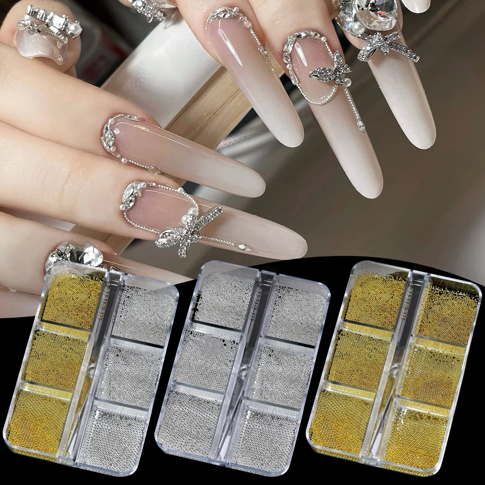 6 Griglie Mini Caviale Perline Per Unghie 0.6-2mm Argento Perline In Acciaio Gioielli In Metallo Piccole Palline FAI DA TE Accessori di Fascino Decorazione Del Manicure