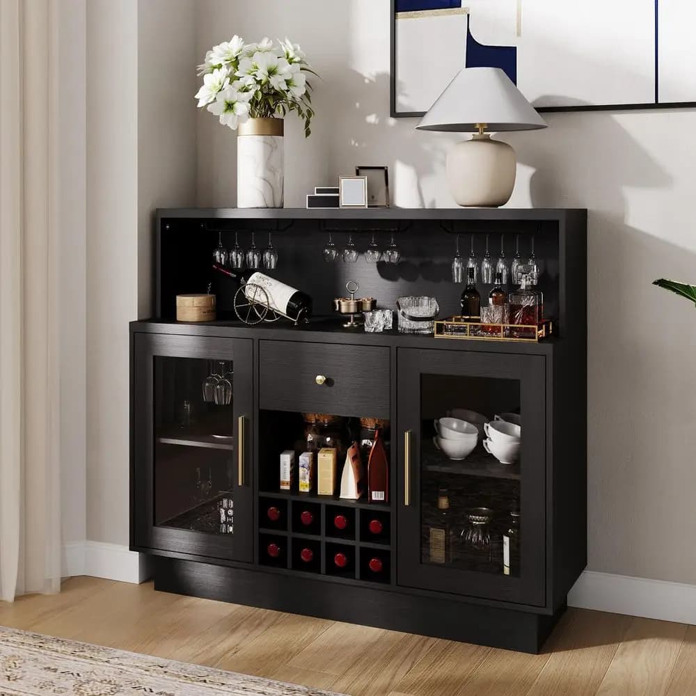 Mobile bar a 2 livelli con LED, ante in vetro e cassetti portaoggetti - Arredo versatile per cucina, sala da pranzo, ufficio, giardino