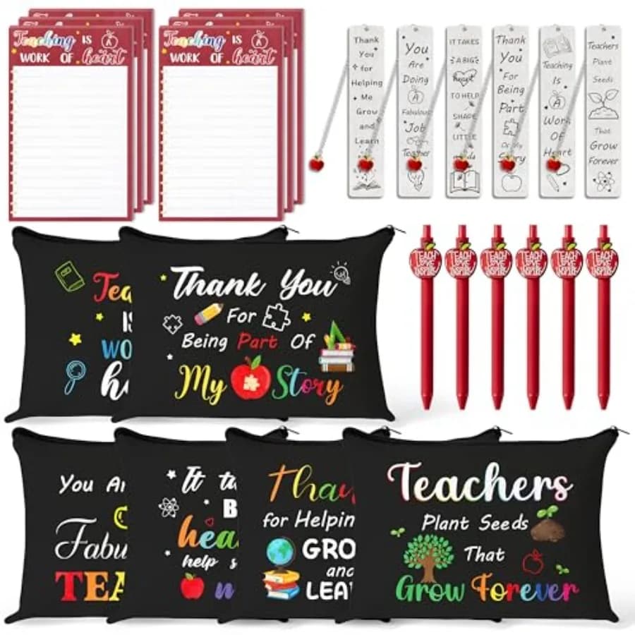 Set Regalo di Apprezzamento per Insegnanti - 48 Pezzi Set Regalo di Ringraziamento per il Ritorno a Scuola Include Borse Cosmetiche Nere, Note Adesive Rosse, Penne