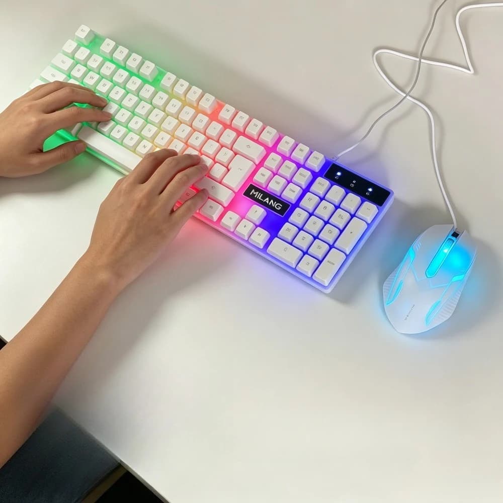 USB wired rainbow backlit keyboard and mouse set, 104 key full-size waterproof illuminated gaming keyboard with dazzling photoelectric gaming mouse suitable for indoor leisure, e-sports and office peripherals on desktop and laptop computers