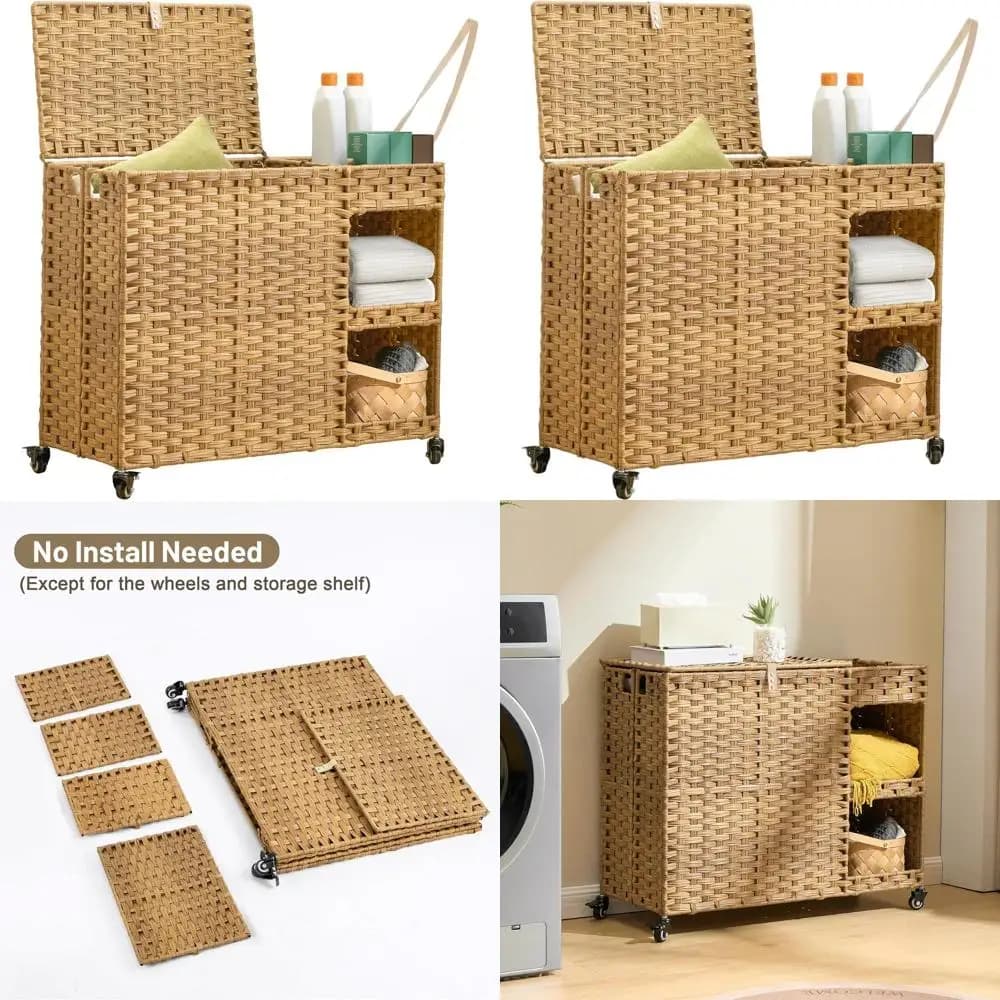 Cesto Portabiancheria con Ruote da 160 Litri con 4 Fodere Rimovibili e 3 Sacchi a Rete, Cesto in Rattan per Camera da Letto, Bagno o Lavanderia