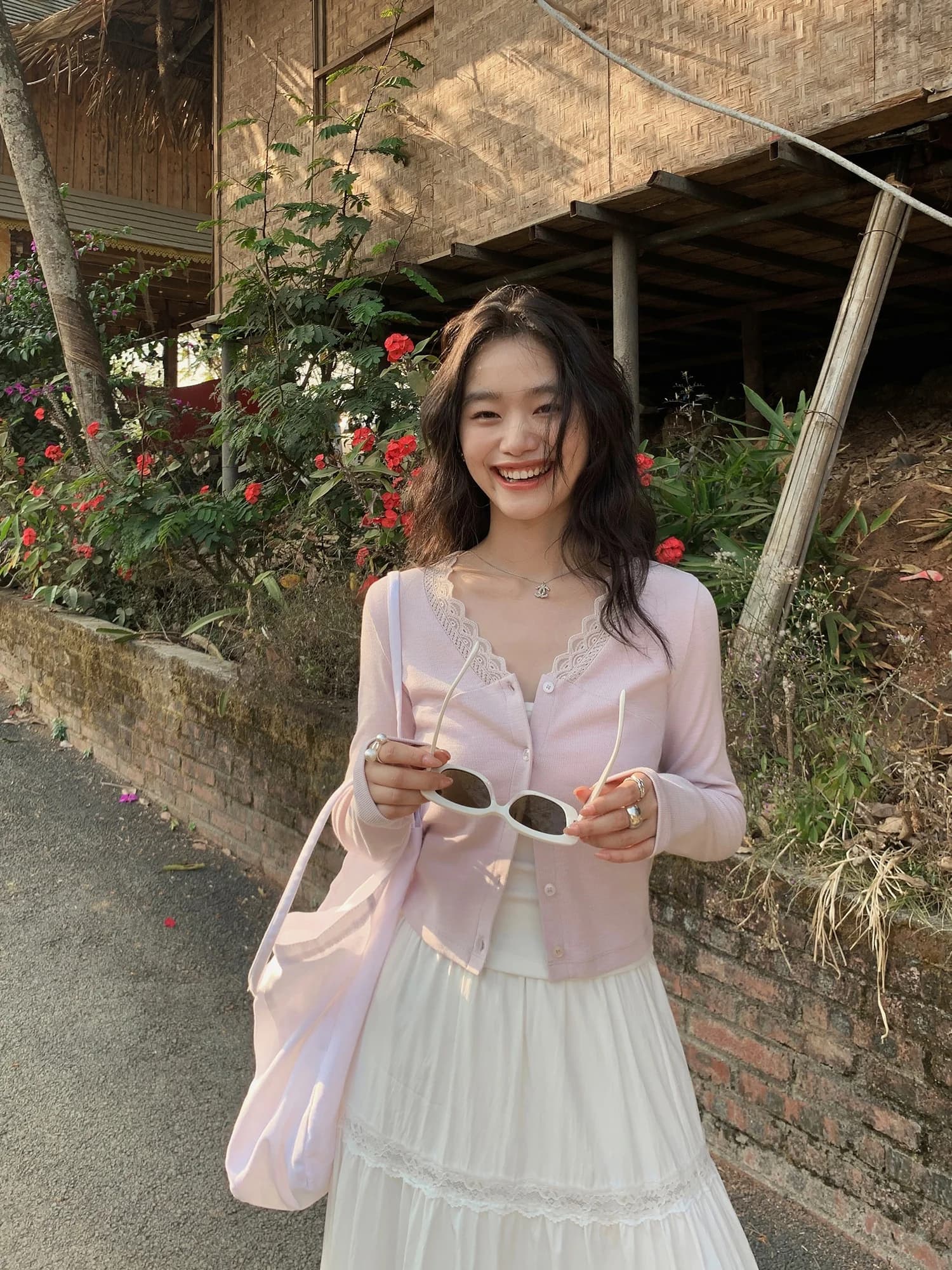 Pusumede Crush Lace Splice V-Neck Knitted Open Cardigan Short Sleeve Long Sleeve T-Shirt Women's Design Sense Chinese Garment