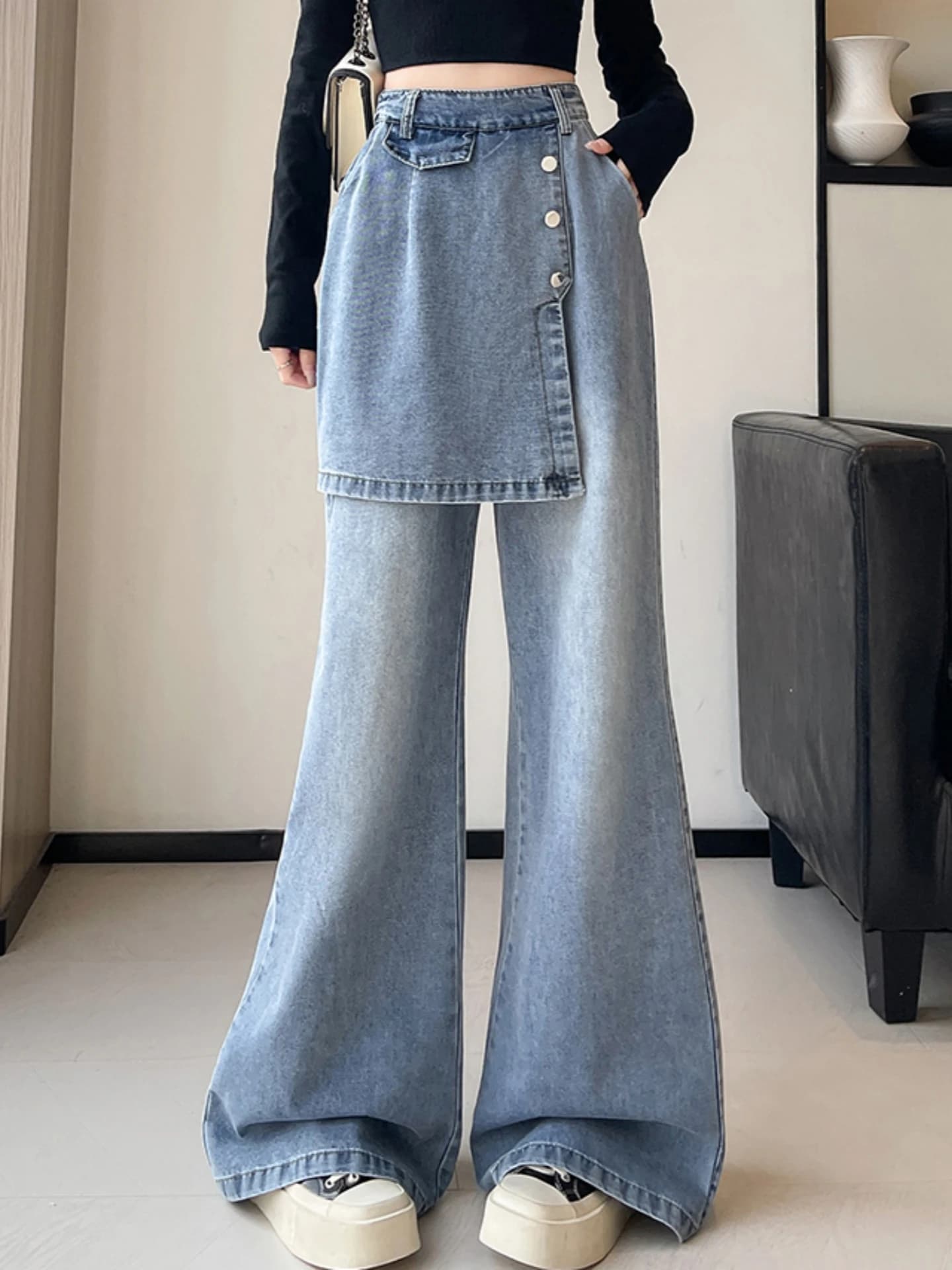 High Waist Wide Leg Jeans Loose Fit Floor Length Bootcut Pants for Women Spring Autumn plus Size Slimming Denim Trousers