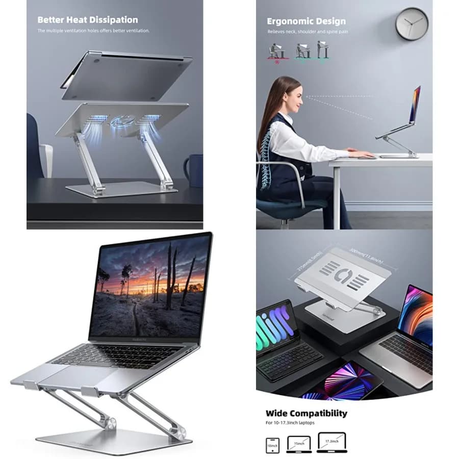 Supporto Regolabile per Laptop, Rialzo Portatile per Laptop, Supporto Pieghevole in Alluminio per Scrivania, Supporto Ergonomico per Computer Portatile