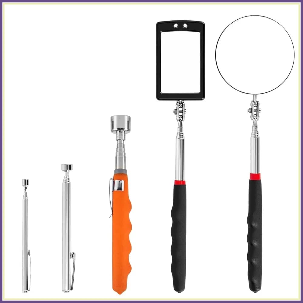 Set di 5 Specchi d'Ispezione Illuminati e Strumenti di Recupero Magnetici - Manico Telescopico, 360° ° Utensile Girevole, Utile per Meccanici, Settore Automobilistico