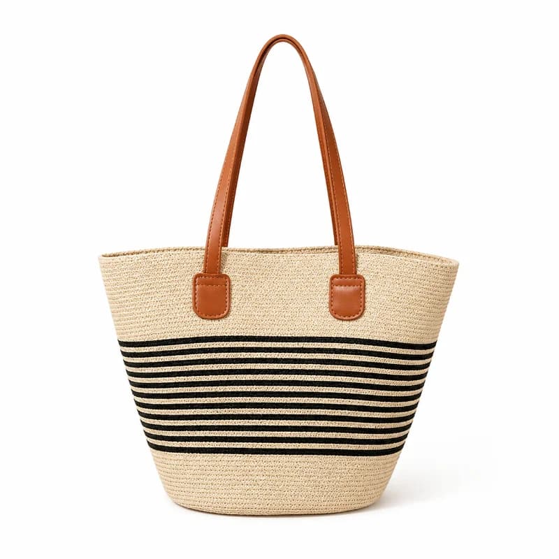 Women Striped Straw Tote Bag Large Capacity Summer Beach Vacation Handbag Casual Woven Shoulder Bag