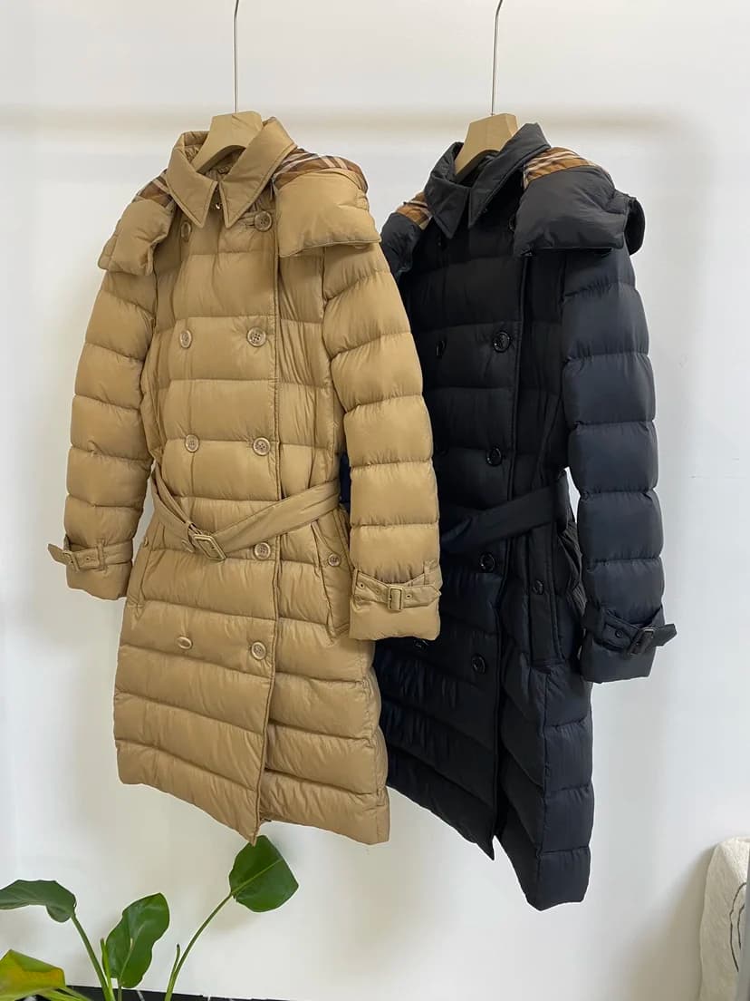Treasure Class Detachable Hooded Mid-Length down Jacket Double Button Lightweight Padded Coat for Women Commute Style Pure Color