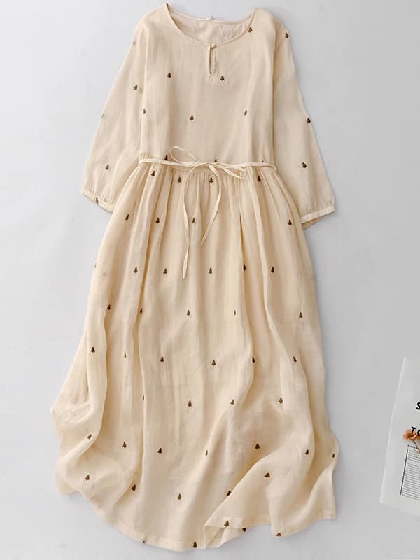 Abito casual in juta con ricami artistici elaborati, gonna a trapezio a vita snellente, maniche lunghe, moda primaverile per donne taglie forti