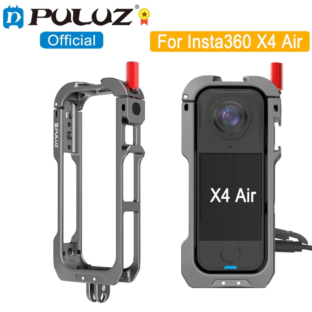 PULUZ Gabbia per fotocamera con attacco a doppia punta per Insta360 X4 Air 2025 Foro di precisione in metallo Telaio di espansione per pattino freddo e cappuccio protettivo per obiettivo