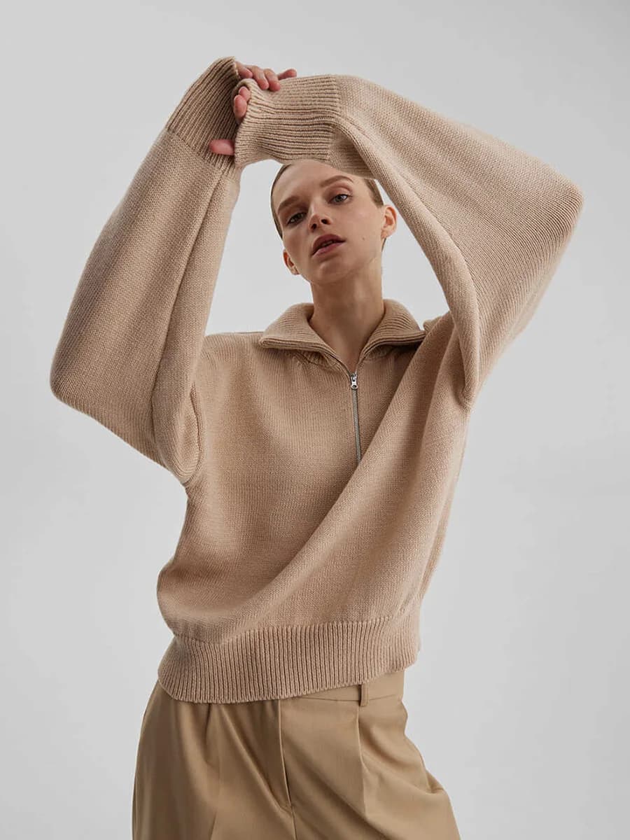 Women's Pullovers Solid White Stand Up Collar Half Zip Sweaters Loose Fit Casual Warm Autumn Winter Top Knit Jumpers Women