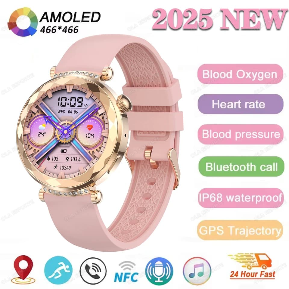 2025 Nuovo AMOLED Donne Smartwatch Frequenza Cardiaca NFC Sonno Salute Monitor GPS Tracker Chiamata Bluetooth SOS Impermeabile Donne Smart Watch