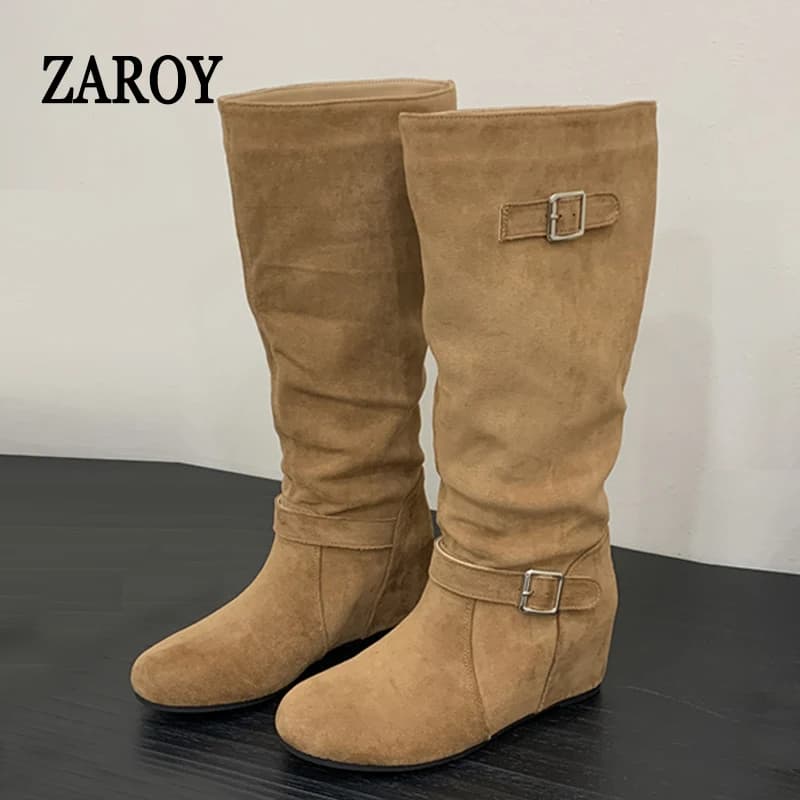 ZAROY Winter Round Toe Knee-High Women Boots Thicken Insole Shoes Suede Buckle Punk Long Booties Casual Warm Winter Modern Botas