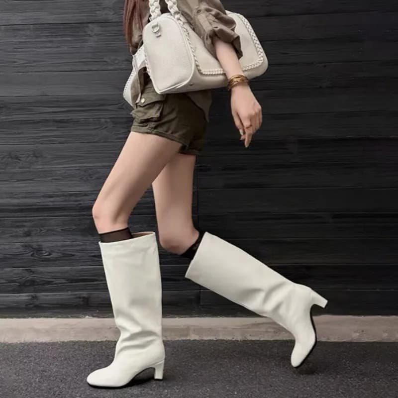 Women's Long Boots Knee High Round Toe Low Block Heel Leather Look Slip on Western Style Casual Footwear Boots Women Detail 636