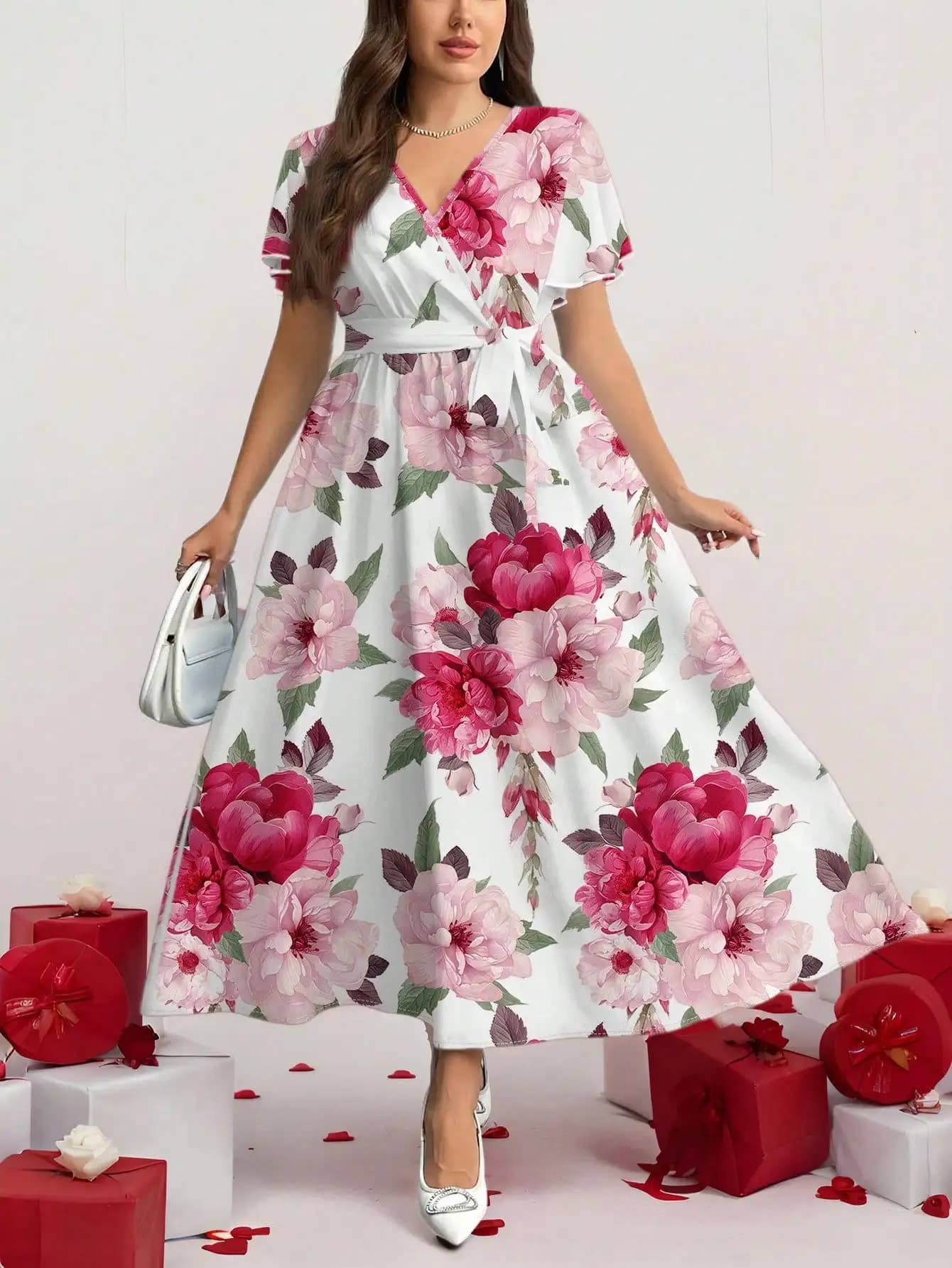 Abito midi vintage con stampa floreale e cintura a fascia per donna