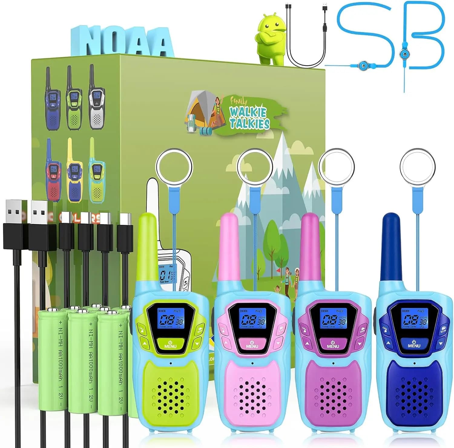 Walkie Talkie Ricaricabili a Lungo Raggio, Set da 4 con Cordino e USB, Radio Bidirezionali Rosa per Famiglia, Campeggio e Sci