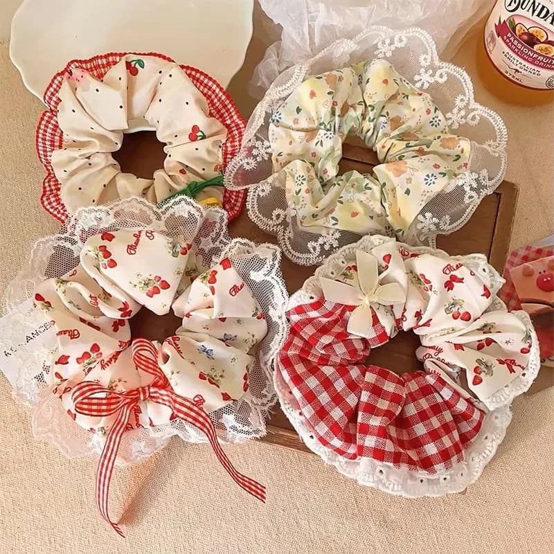 Lace Check Bow Hair Ring Female Cute Sweet Balls Scrunchie Vintage Gentle Hair Accessories Hair Tie