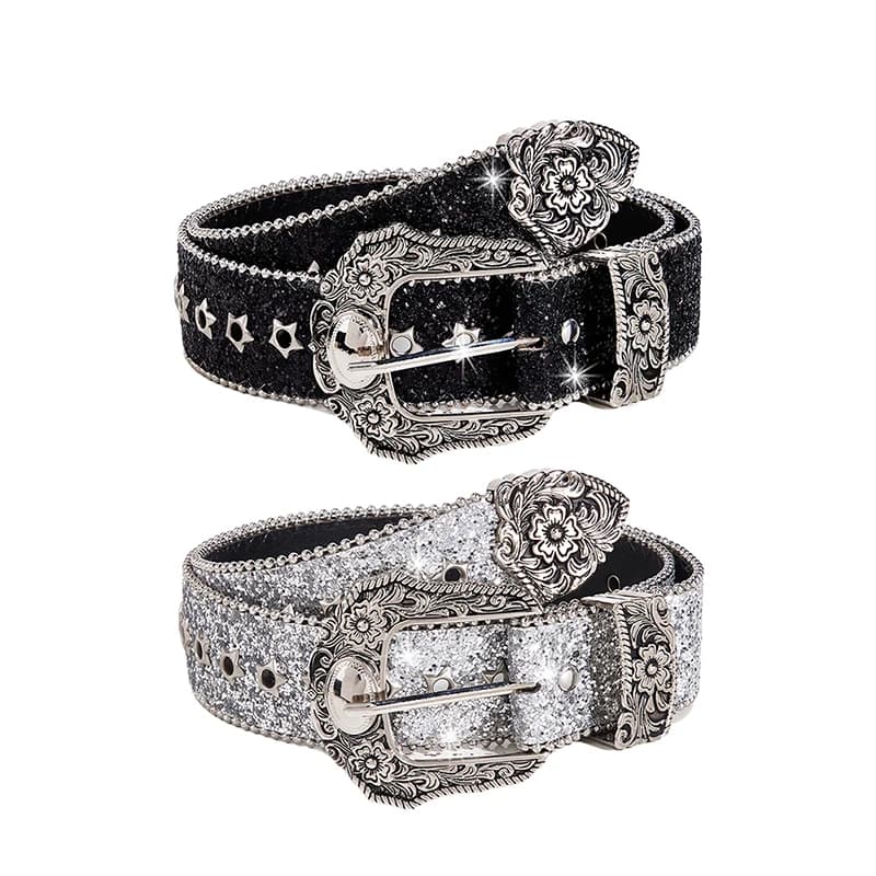Gothic Rhinestone Belts for Women Fashion PU Leather Western Cowboy Y2K Retro Style Jeans Skirt Decor Personality Waistband
